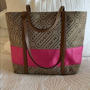 Coach Signature Lozenge Canvas Brown Leather and Pink Tote